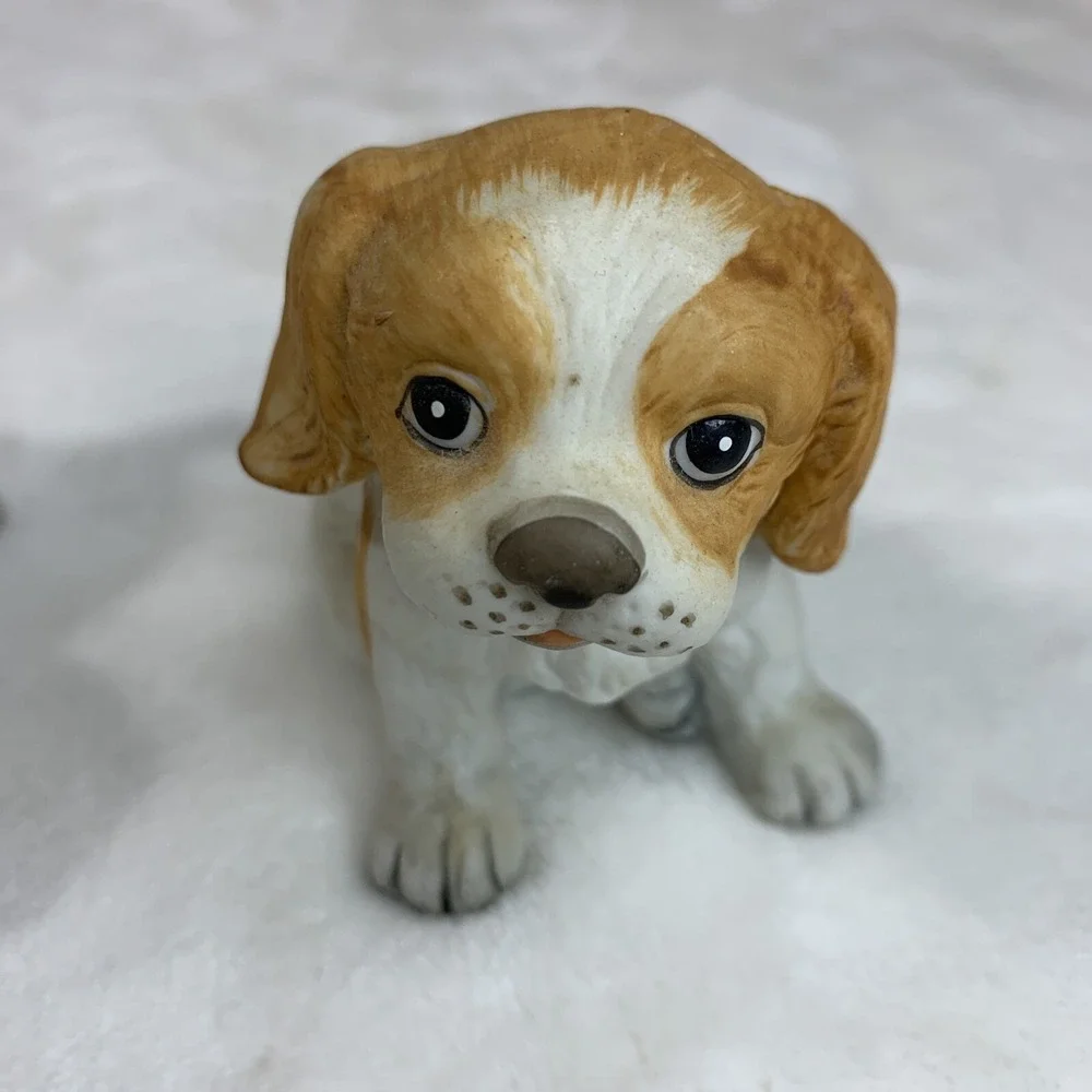 2 Vintage Homco No. 1407 Porcelain Puppy Dog‎ Figurines Tan and White